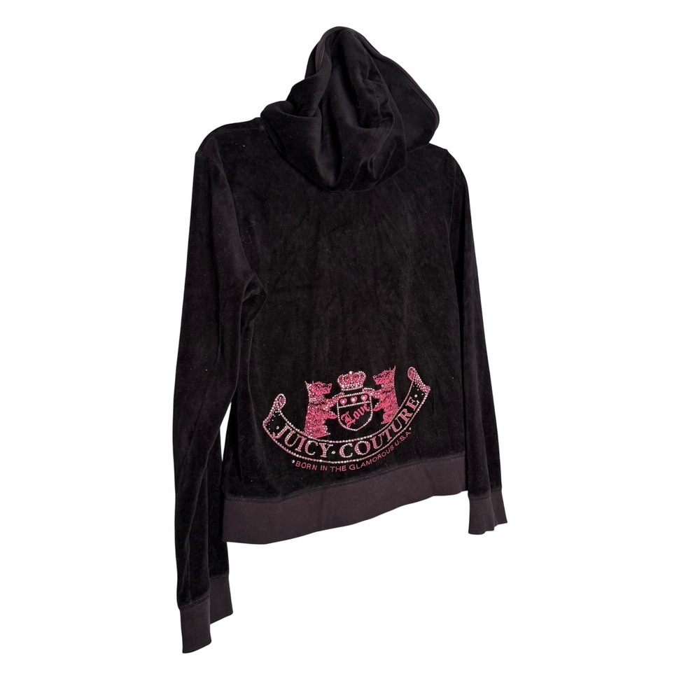 Juicy Couture Black Velour Zip Hoodie Pink Rhinestone Back Graphic Size M Y2K